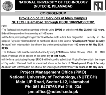Provision of ICT Services at Main Campus NUTECH Islamabad Through PSDP 106/PMO/ICT/01 - Project Management Office (PMO), National University of Technology (NUTECH) City: Islamabad
